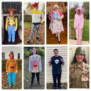 Photo collage of eight seniors wearing Halloween costumes