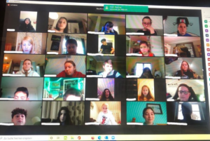 25 students in Zoom boxes from New York and Germany