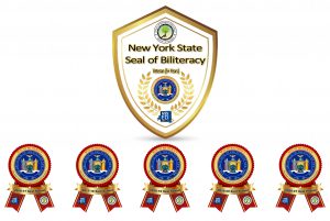 nys seal of biliteracy ribbons under a crest