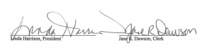 signature of Linda Harrison, President and signature of Jane R. Dawson, Clerk for the Board of Education at the North Colonie Central School District.