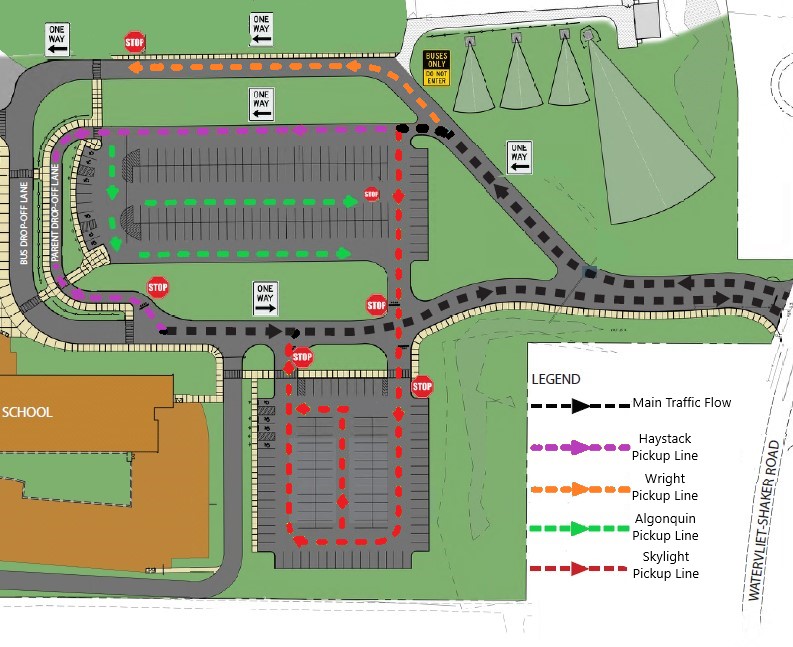 picture of Shaker Middle School Parking lot outlining new parent pick up procedures for the 2022-23 school year.