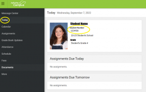 screenshot of Infinite Campus Portal Today tab showing where a student's ID number can be found.