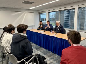 Members of a Korean delegation meet with SHS students taking an elective course - Foreign Policy for Seniors. Pictured from far left to right: Chang Woo Lee, public affairs officer of the Embassy of the Republic of Korea; David Anthony Rodriguez, political-military officer, Office of Korean Affairs;  and Mark Tokola, vice president of Korea Economic Institute.