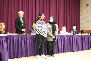 SMS students Shreya and Zohal present an overview to the BOE audience during the Feb. 27 meeting.