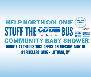 Graphic of words promoting Stuff the CDTA Bus event