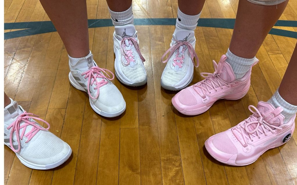 An image of pink sneakers and laces sported by volleyball players at the "Dig Pink Game".