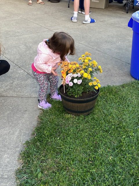 An image of a young child smelling fresh flowers.