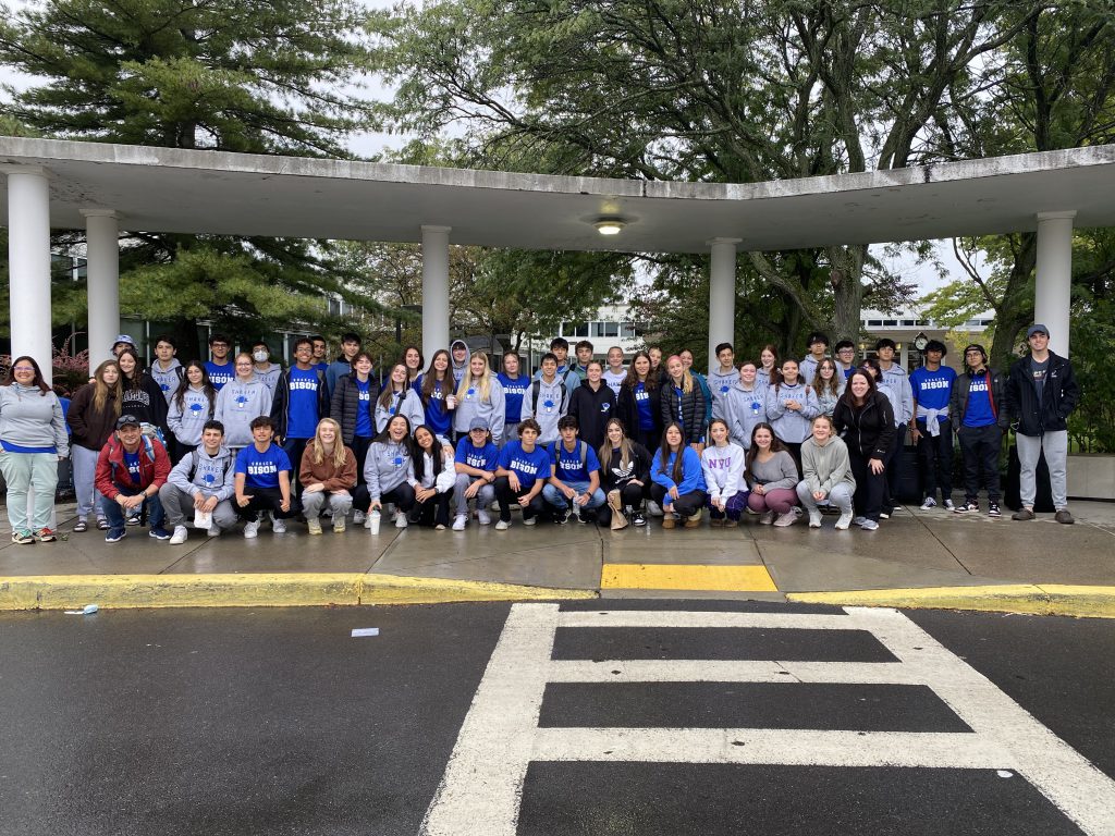 An image of Shaker students with the group of Costa Rican exchange students outside of the high school.