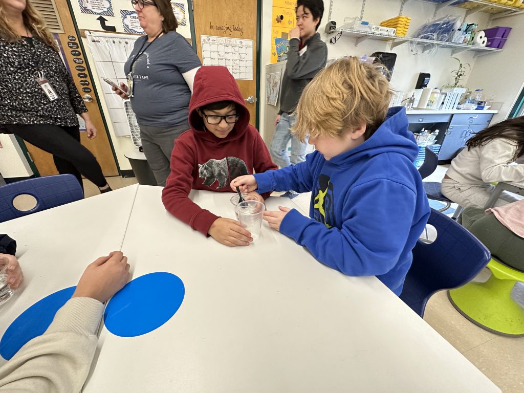 An image of two students separating water and oil in a hands on activity.