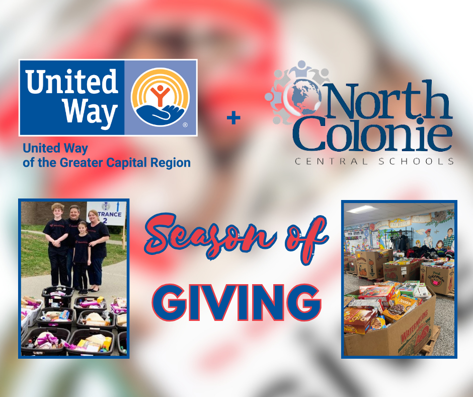A graphic with the United Way and North Colonie logos as well as two pictures of donations being made.