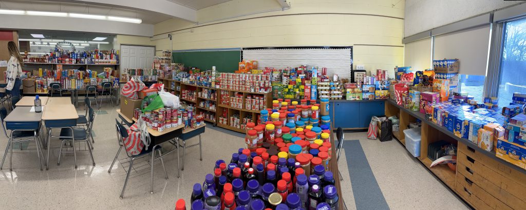 An image of the new food pantry at Southgate stocked with food items.