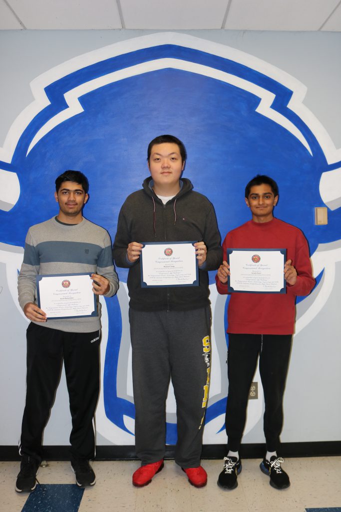 An image of Kush Malwatkar, Ayush Patel, and Michael Tong, the winners of the NY-20 Congressional App Challenge.