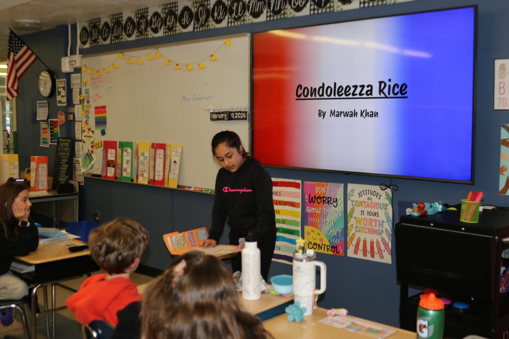 Southgate student presents Black History Month research project in Ms. Fulmore's fourth grade class.