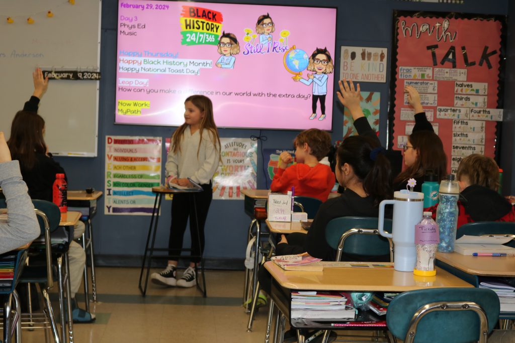 Southgate student presents Black History Month research project in Ms. Fulmore's fourth grade class.